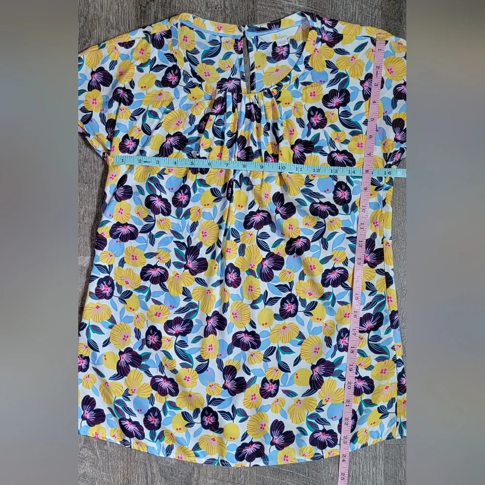 Boden Florence Floral Blouse Women's 4 Yellow Blue Pansies Silk Blend Short Slee